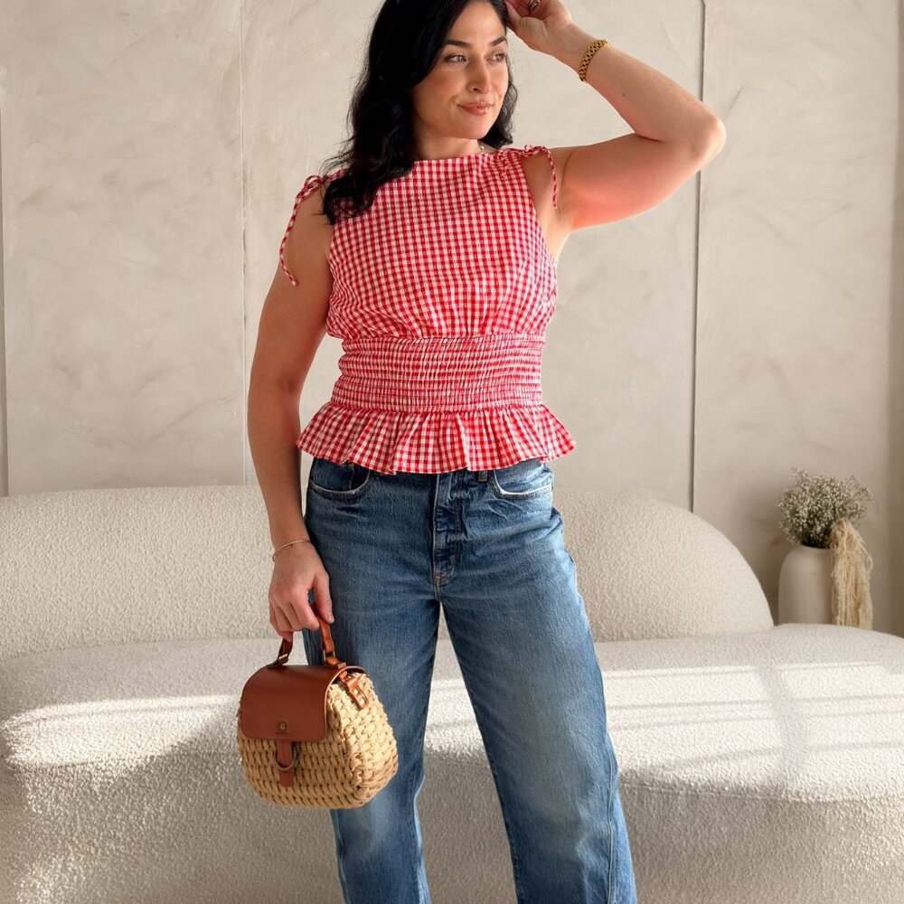 Red Gingham Smocked Peplum Blouse View 3